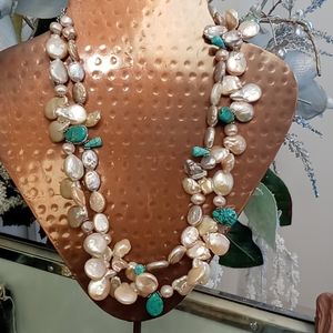 Double Strand Coin Pearl and Turquoise Necklace